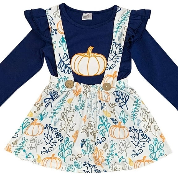 Little Girl Dress Kids 2 Pieces Skirt Set Thanksgiving Pumpkin Top Suspender Dress Set Navy 2T XS (202003)