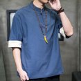 thumbnail image 3 of Camisas Negras Para Hombre Camiseta de manga corta de lino y algodón con cuello Retro para hombre, ropa Tang, placa con hebilla, camiseta informal de lino y algodón transpirable Hanfu para (Blue, L), 3 of 6