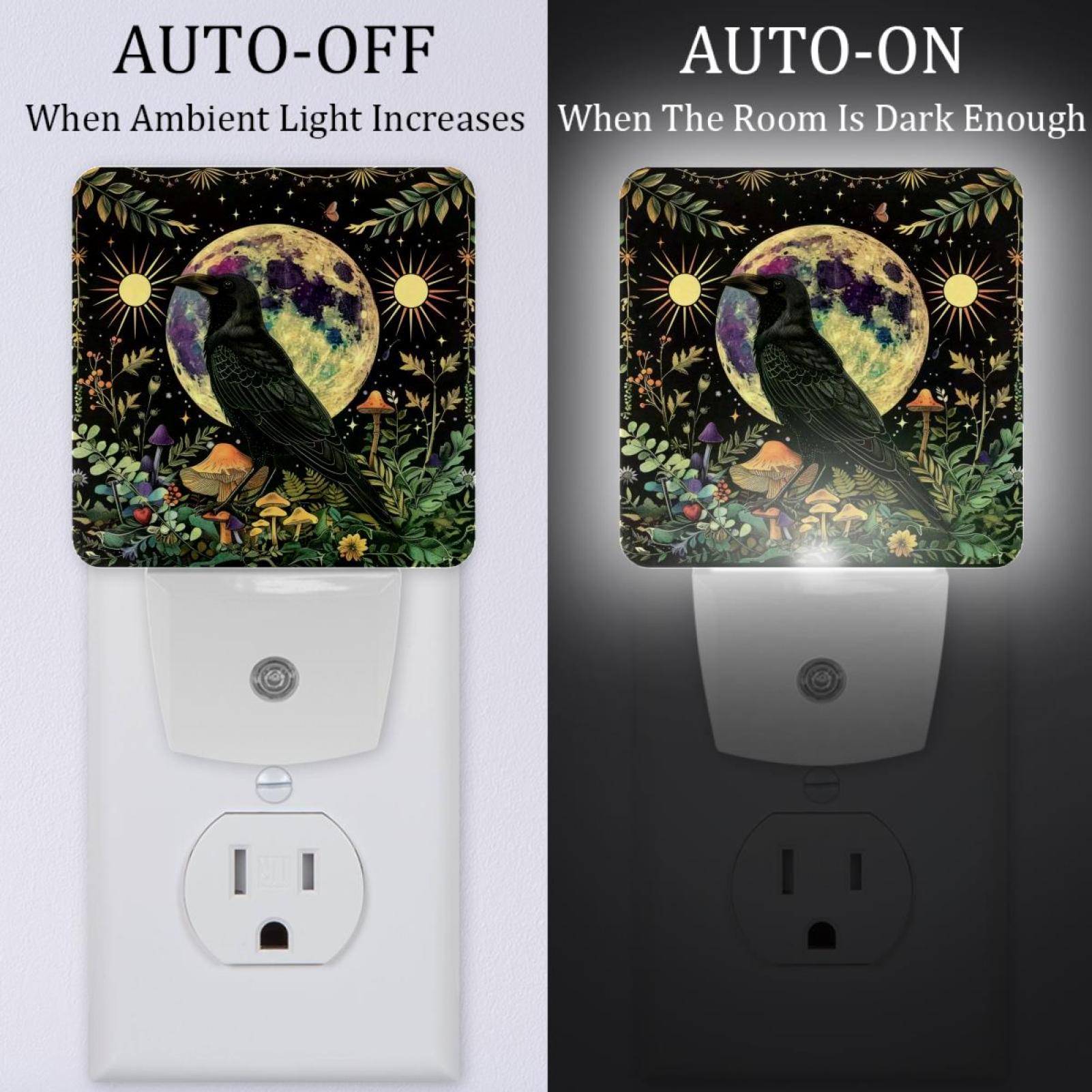 PhooArto Crow Nature Mushroom Leaves Plug in LED Night Light Auto Sensor Dusk to Dawn Decorative Night for Bedroom, Bathroom, Kitchen, Hallway, Stairs, Baby's Room, Energy Saving