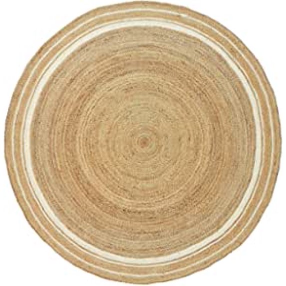 Ripaz Vogue Jute Rug Hand Woven Round Beige + White Border Living Room Area Rug, Farmhouse Rug (11 Feet Diameter)