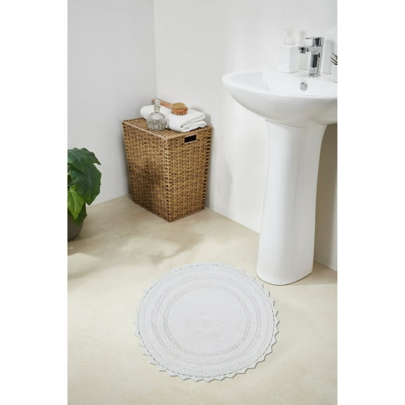 Better Trends Chic Round Bath Mat, 24" Diameter, 100% Cotton with Crochet Border, Water Absorbent, Ideal for Half Baths and Powder Rooms, Machine Washable, White - Lilly Crochet Collection
