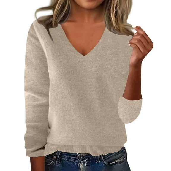 Women's Soft V Neck Long Sleeve Fall Casual Regular Fit Sweater Tops Beige L