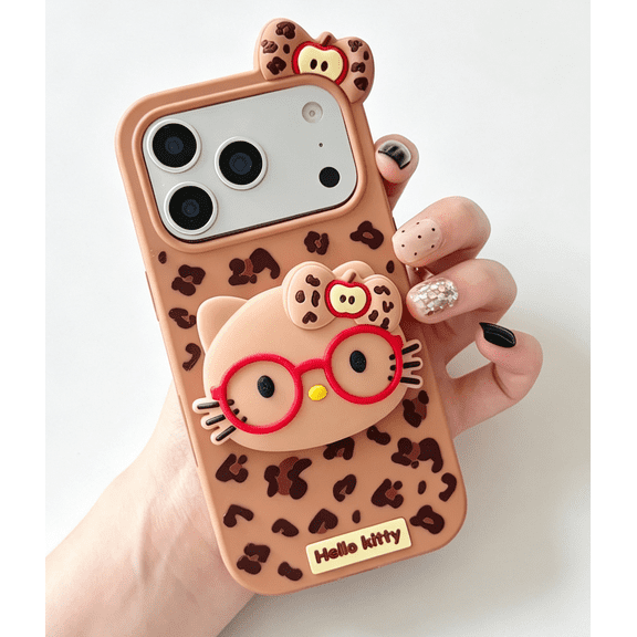 3D Cartoon Leopard Print Kitty Silicone Phone Case with Foldable Character Kickstand for iPhone 17 Pro Max Cute Brown Shockproof Protective Phone Case for Women Teen Girls