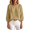 thumbnail image 4 of TGSLY Crew Neck Linen Tops for Women Lightweight Soft Solid Color Crinkle Blouses Relaxed Dressy 3/4 Balloon Sleeve Tshirts with Elastic Cuffs M, 4 of 6