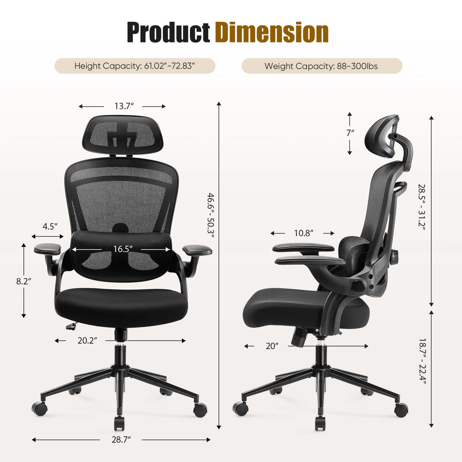 JIOABL Ergonomic Mesh Office Chair, High Back Desk Chair with Adjustable Lumbar Support, Headrest & Armrests, Swivel Task Chair, Black
