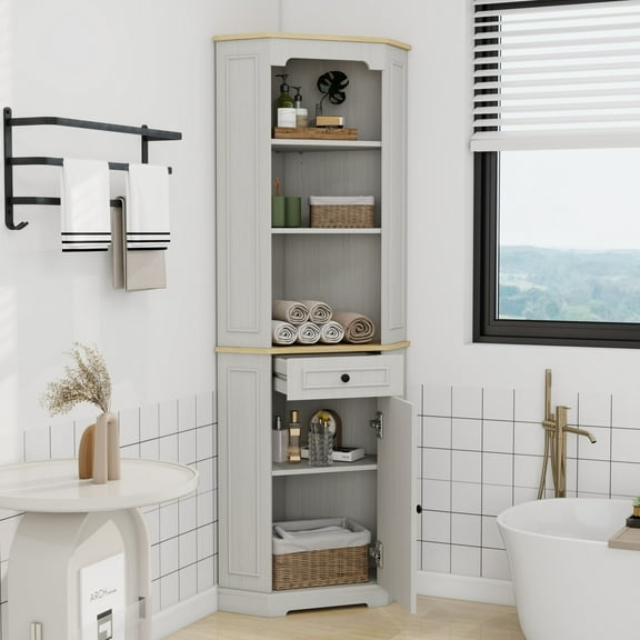 Sesslife 68" Corner Cabinet, Freestanding Storage Cabinet with Drawer and Door, Farmhouse Kitchen Pantry Cabinet with Adjustable Shelf, Bar Storage Cabinet for Living Room Kitchen, Antique White