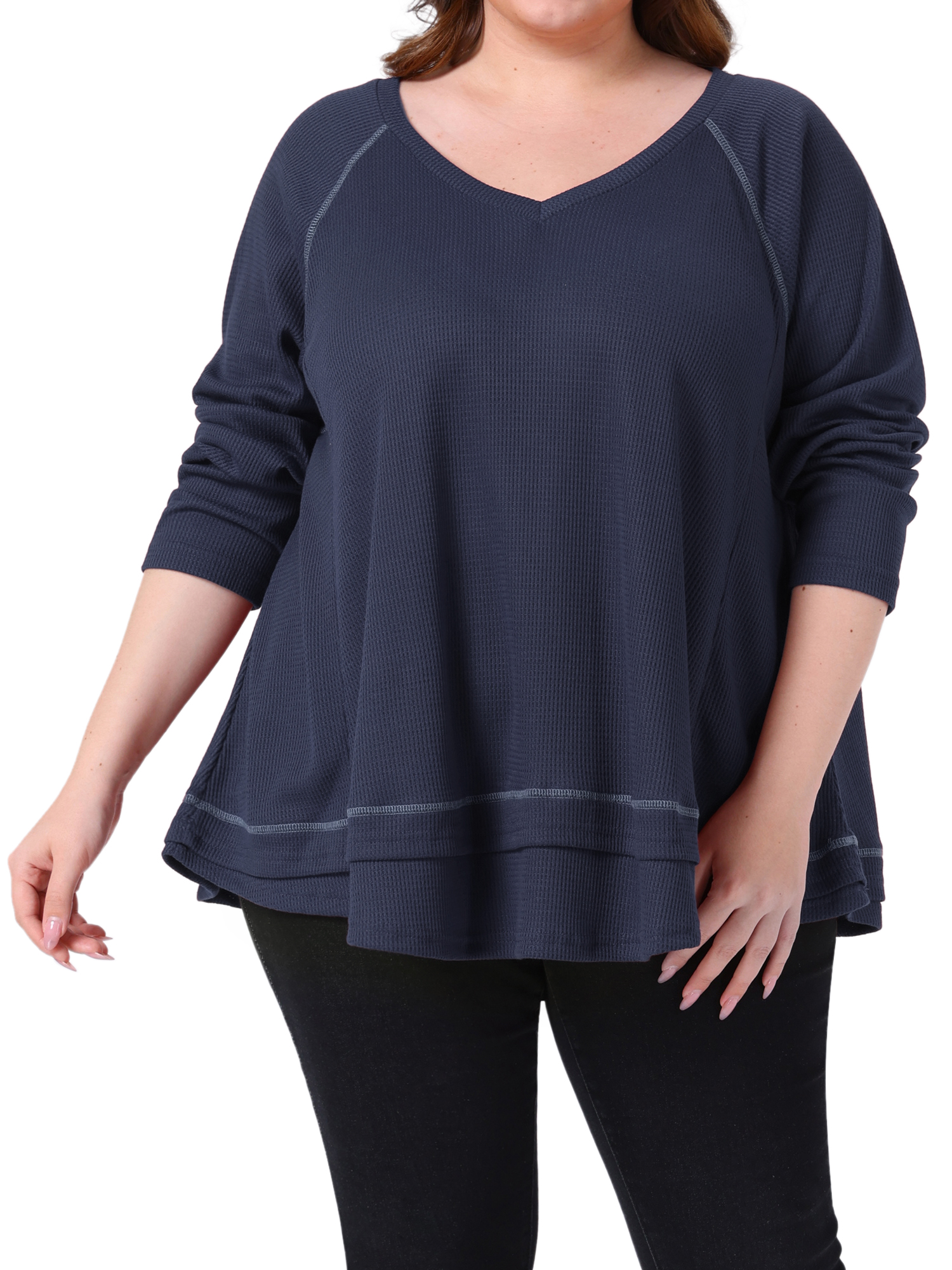 DARING DIVA Women's Plus Size Waffle Knitted V Neck Patchwork Hem Sweater 4X Navy Blue