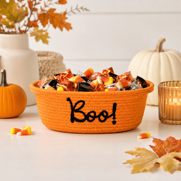 Halloween Rope Storage Basket Woven Boo Organizer For Candy Snacks And Small Items Tabletop Shelf Seasonal Home Decor Orange