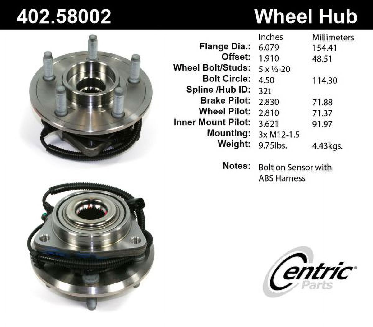 Centric Parts Wheel Bearing And Hub Assembly P/N:402.58002 Fits select: 2009-2012 JEEP LIBERTY, 2007-2011 DODGE NITRO