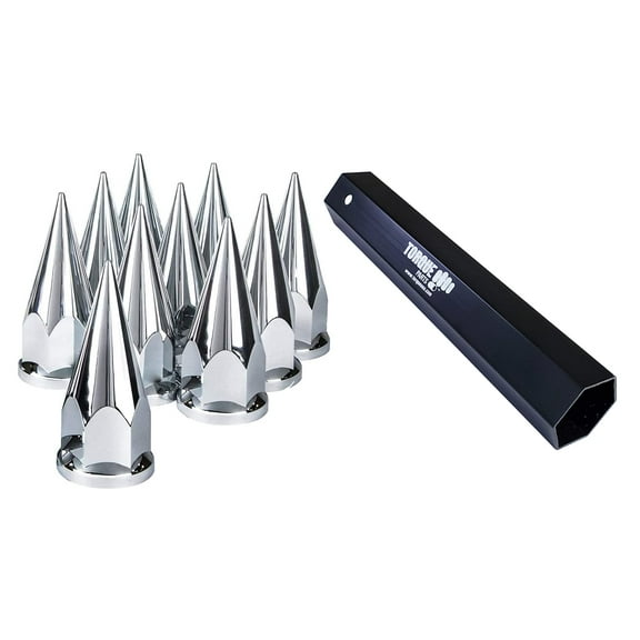TORQUE 10 pcs of 33mm Chrome Spike Screw-on Lug Nut Covers w/Remover Tool Socket (Universal Fit) for Volvo & International & Peterbilt & Kenworth & Mack & Freightliner Semi Trucks (TR10570, TR10259)