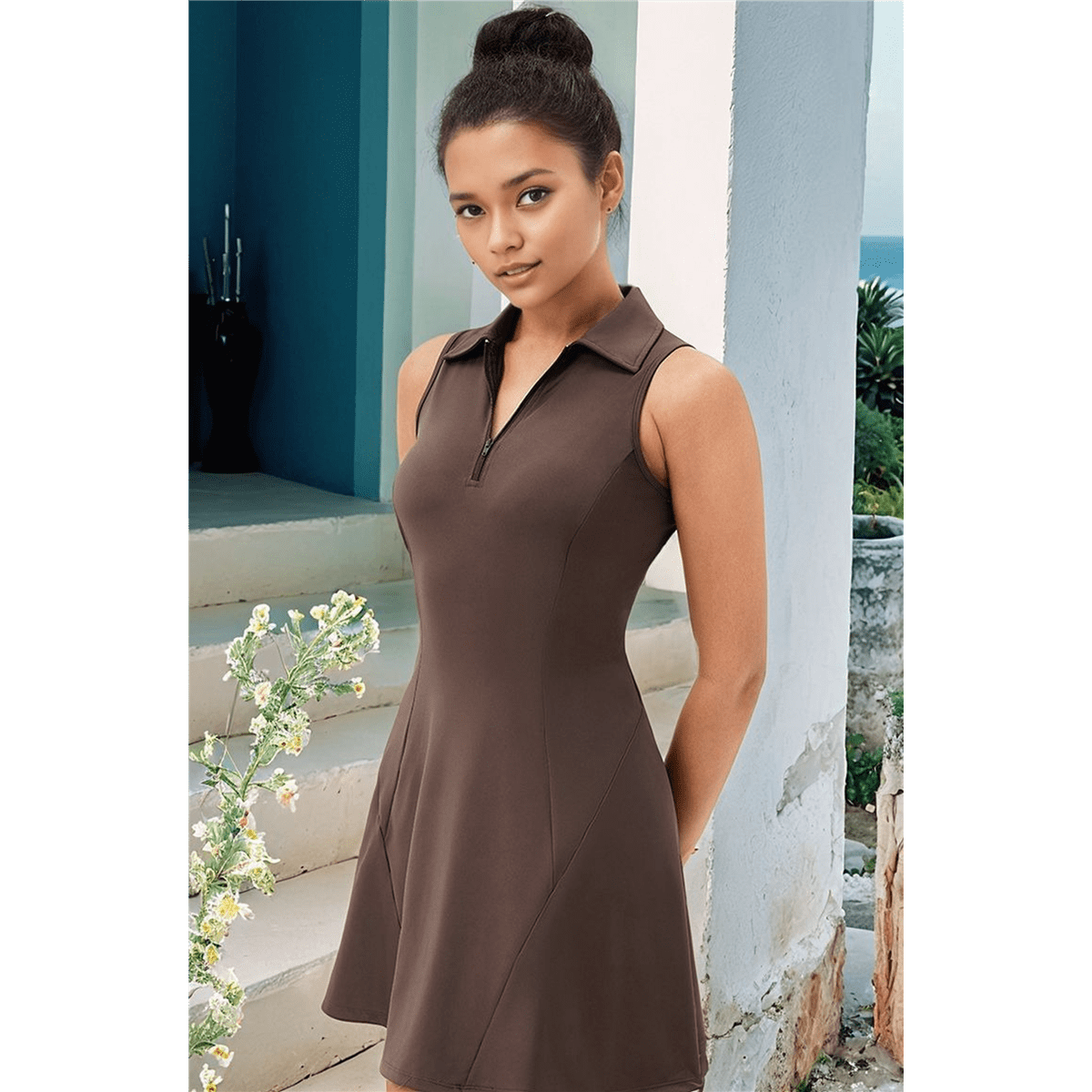Golf Dress for Women Tennis Dresses with Shorts Pockets Sleeveless Sport Active Workout Athletic Dress Dark Brown L