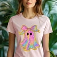thumbnail image 5 of Rainbow Glitter Ghost with Bow Cute Halloween Graphic T-Shirt, Azalea, Size 2XL, 5 of 6