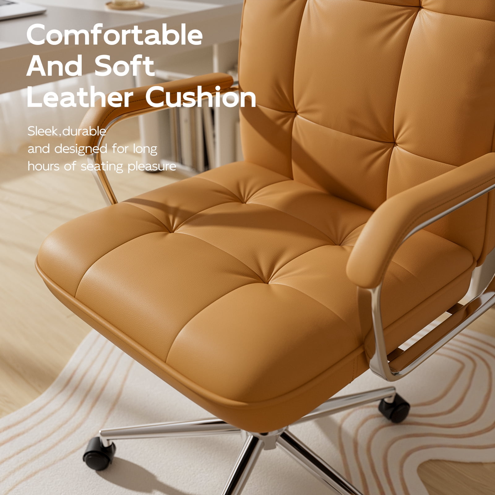 Ninecer Ergonomic Office Chair with Wheels, 360° Swivel Desk Chair with Rocking Function, PU Leather Computer Chair for Home Office, Study, Brown