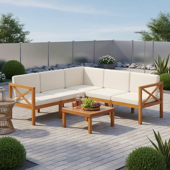Topcobe Outdoor 6 Pieces Acacia Wood Patio Sectional Furniture Set, Outdoor Patio Furniture for Garden Backyard Pool Deck-Off White