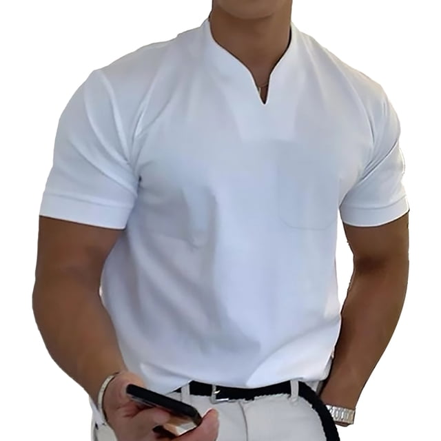 Camiseta de verano con cuello en V para hombre de gimnasio con bolsillo de algodón elástico suave transpirable Fitness camisa de manga corta para hombre