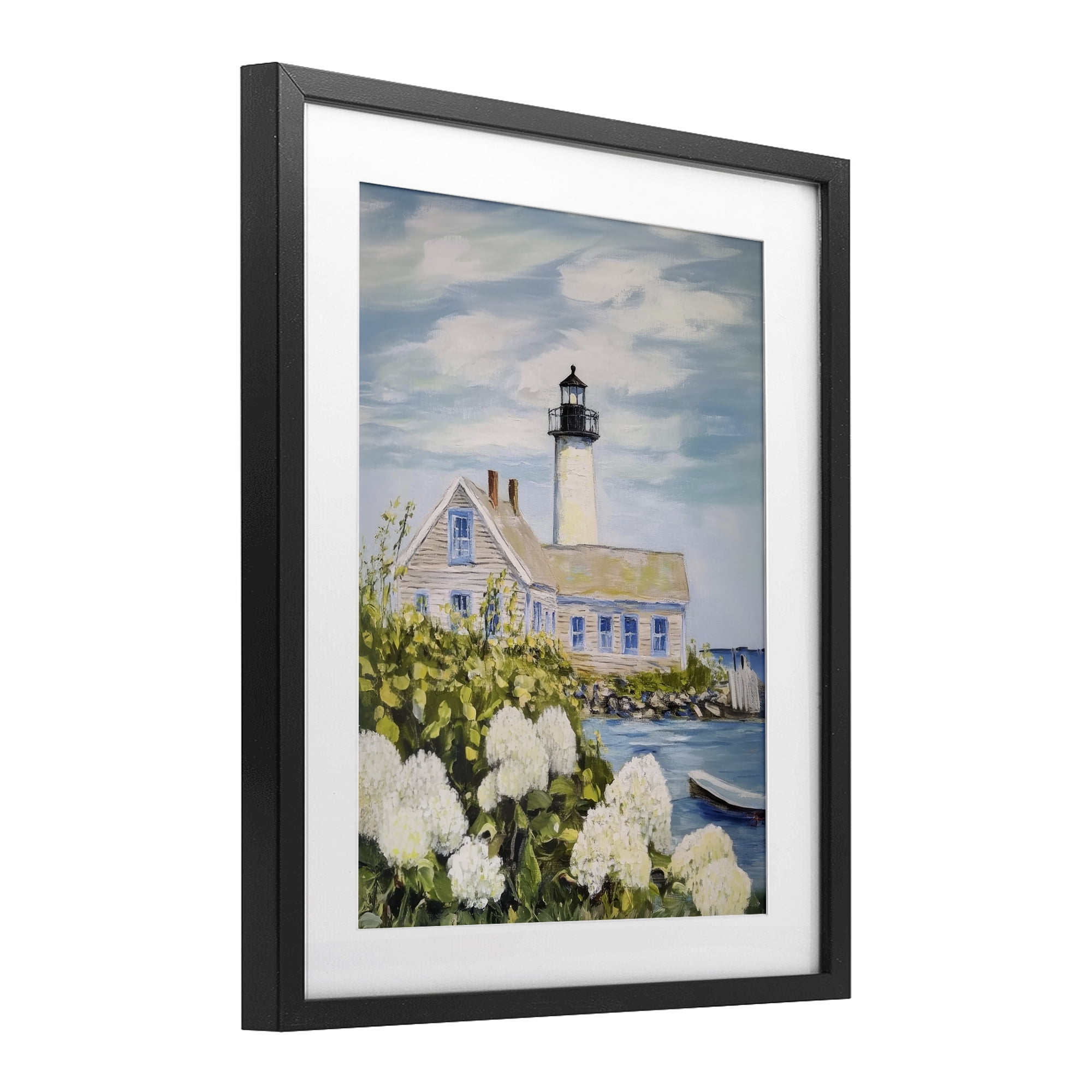 Stupell Industries Lighthouse Scenery with Hydrangeas Black Framed Print Under Glass, design by Sisi and Seb