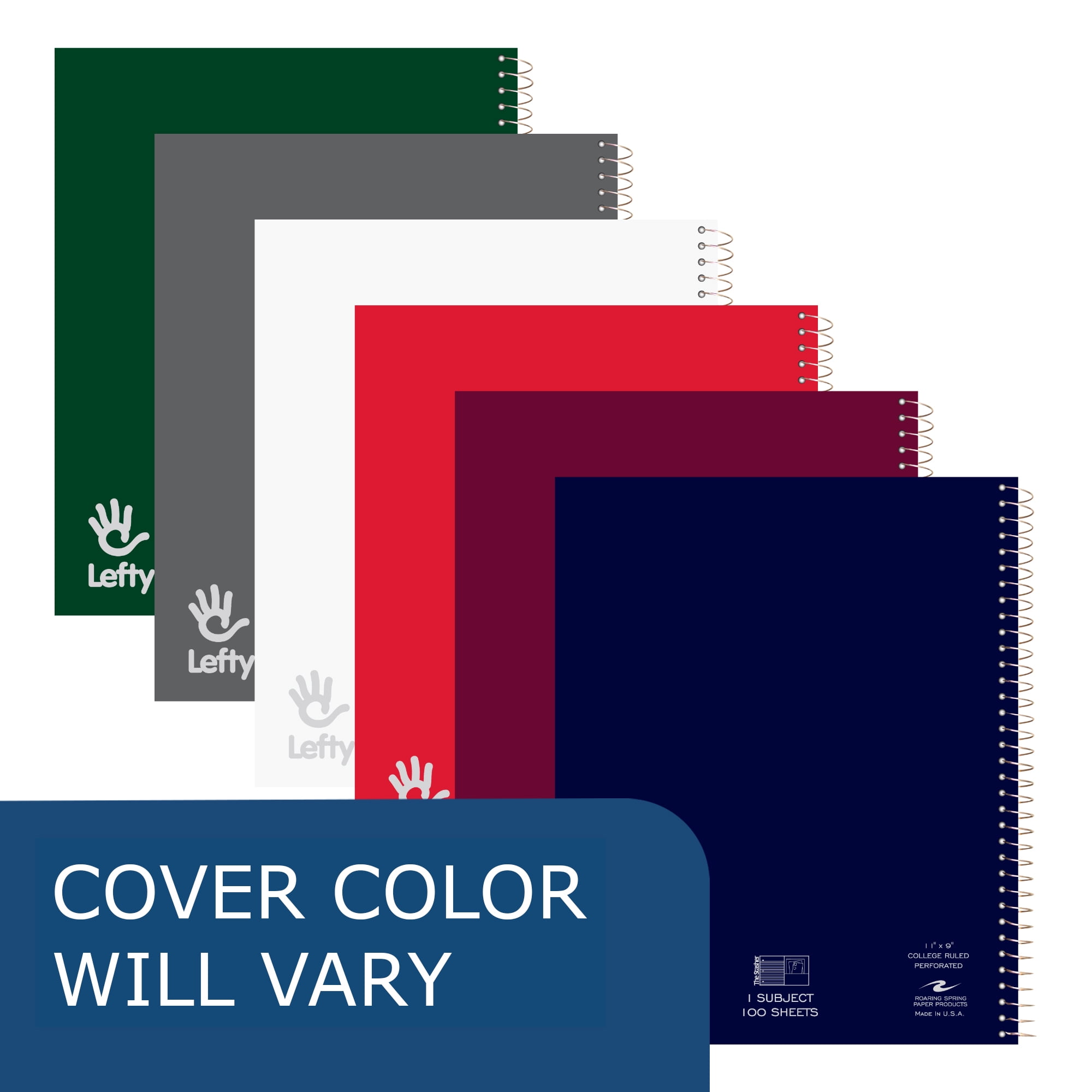 Roaring Spring Lefty Spiral Left Handed Notebooks, 1 Subject, 11"x9", 100 White Perforated Sheets, College Ruled Paper, Assorted Colors, 24 Notebooks