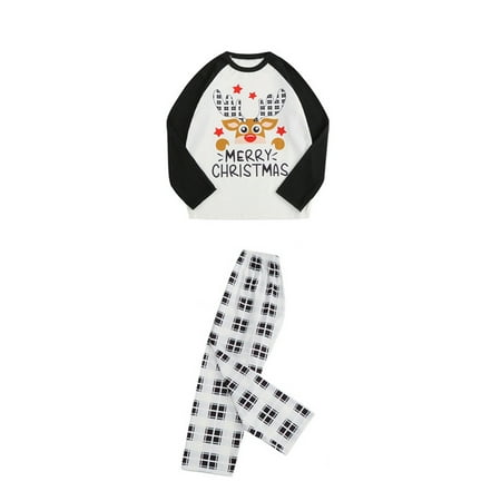 

Amuver Family Matching Christmas Pajamas Sets Letter Cartoon Elk Print Long Sleeve Tops + Plaid Pants Loungewear Suit