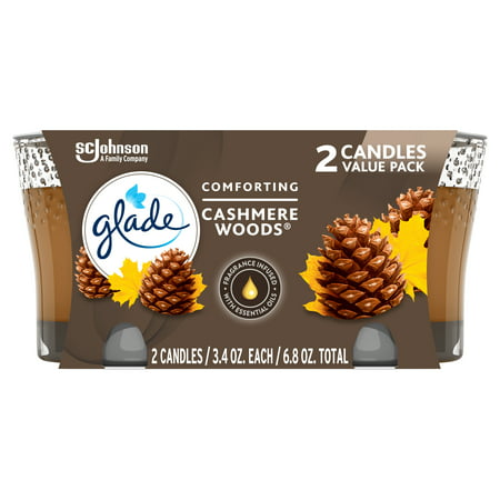 Glade Jar Candle 2 ct, Cashmere Woods, 6.8 oz. Total, Stocking Stuffers for Women, Air Freshener, Wax Infused with Essential Oils