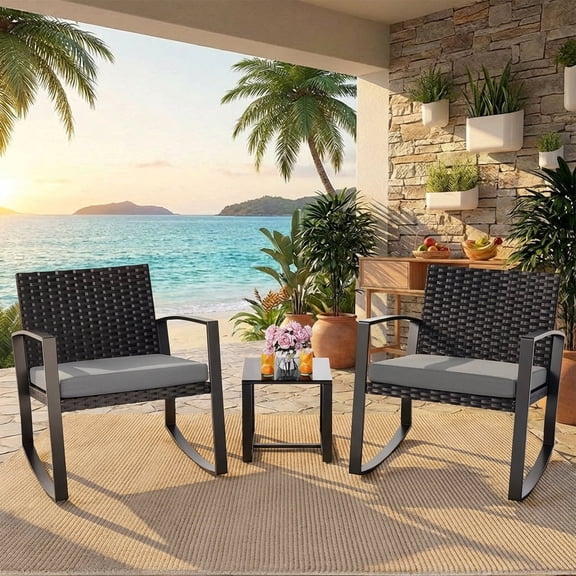 Patio Furniture Set, 3-Piece All-Weather Rocking Wicker Chair Set with Glass Table for Backyard, Gray