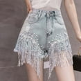 thumbnail image 4 of NAFUU Women's Denim Shorts Summer High Waisted Diamonds Tassels Ripped Jean Shorts Casual Baggy Trendy A-Line Wide Leg Denim Shorts Lightweight Cute Shorts, 4 of 7
