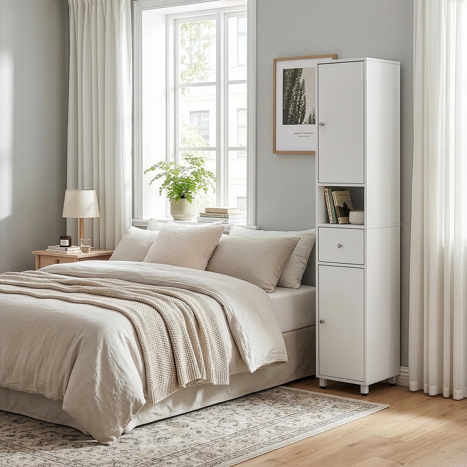 Ktaxon Bathroom Storage Cabinet Narrow Tall, Freestanding Cabinet Storage Tower with 2 Door 1 Drawer, White