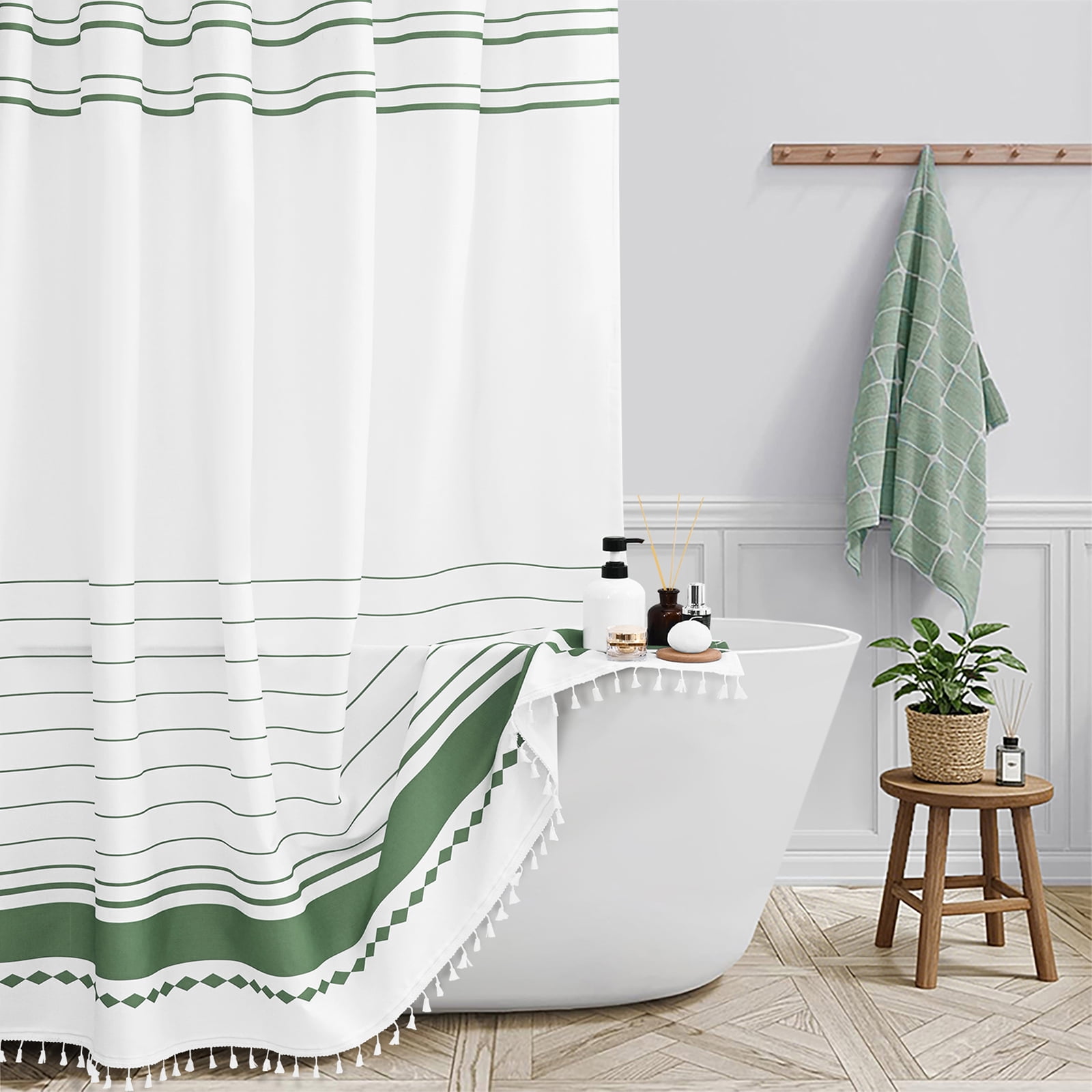 FRAMICS Striped Tassel Shower Curtain Sets with Bath Rug, Boho Farmhouse Water-Repellent Fabric Bathroom Sets with Hooks, Slub Textured Design, 72" x 72", Sage Green