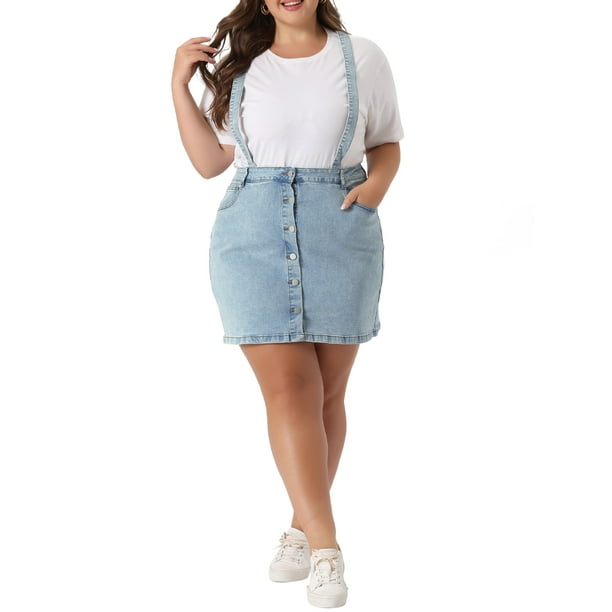 Falda con tirantes para mujer Agnes Orinda, talla grande, con tirantes ajustables, cruzada en la espalda, mini falda de mezclilla en azul claro, 2X
