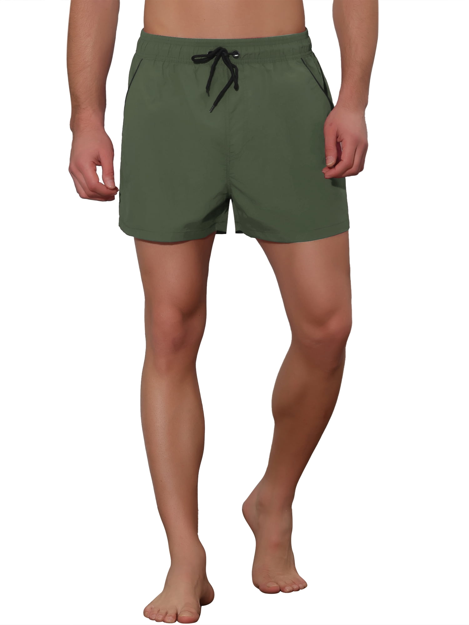 Unique Bargains Men's Vacation Solid Color Drawstring Elastic Waist Swim Short Green 36