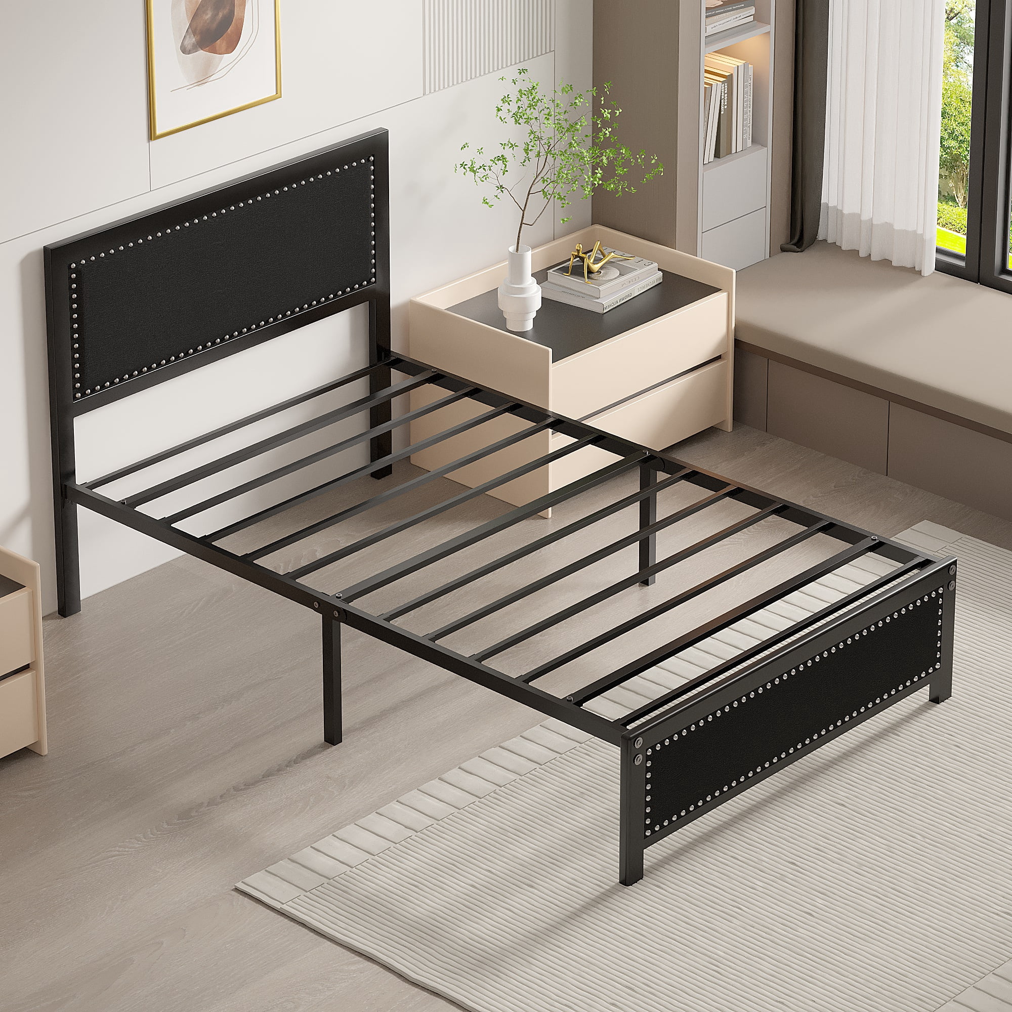 VECELO Twin Size Bed Frame Metal Platform Bed with Upholstered Headboard, No Box Spring Needed, Black