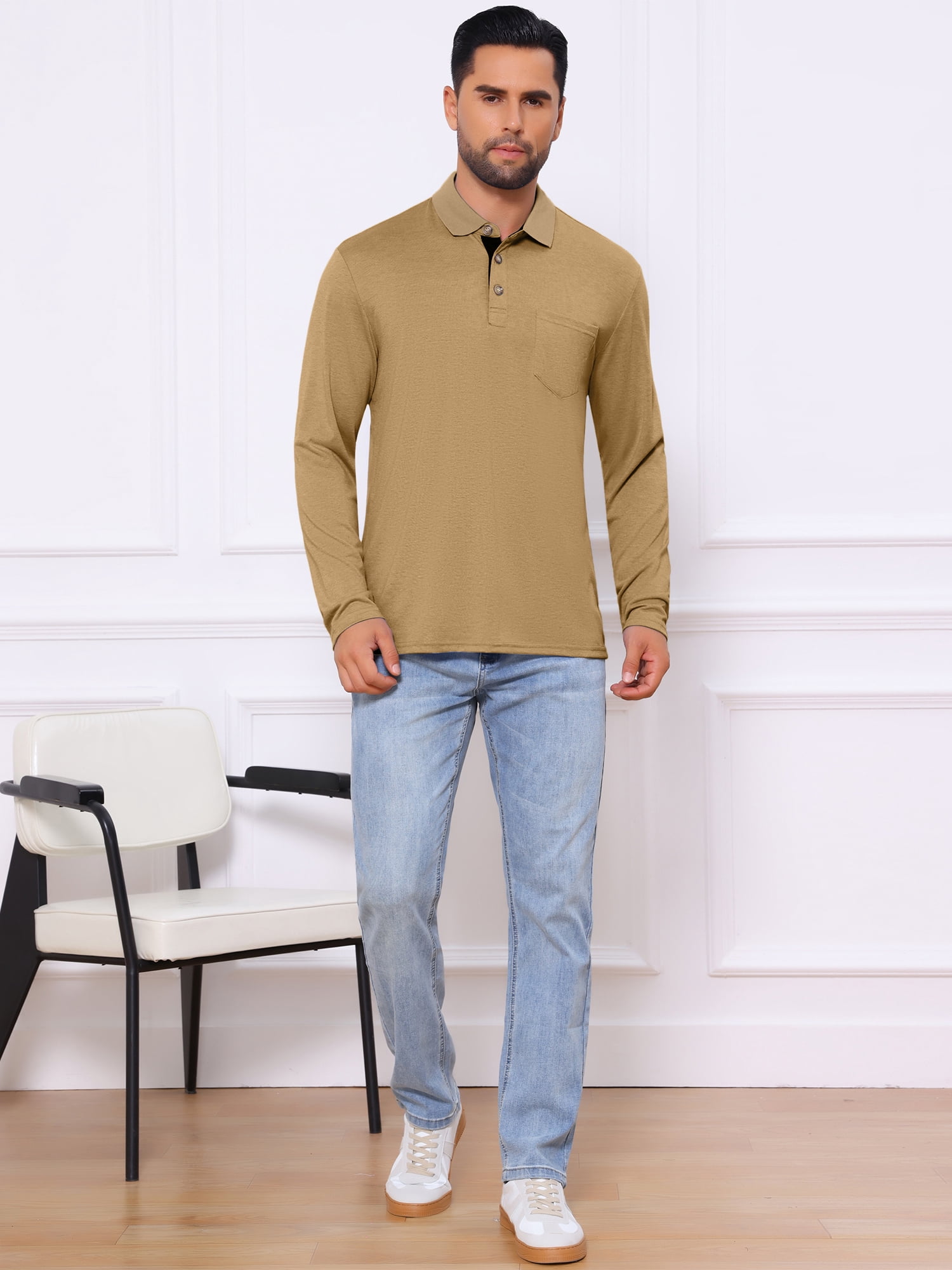 DARING DIVA Men's Contrast Button Collared Long Sleeves Golf Polo T-Shirts M Khaki