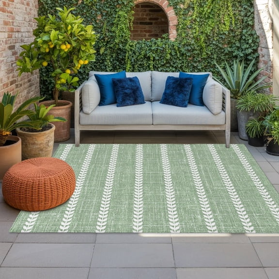 Green Striped Indoor Outdoor Rugs 4x6 Ft, Rustic Sage Green Linen Texture White Stripes Outdoor Patio Rugs Mat Washable Outside Area Rugs Carpet for Porch Deck RV Camping Pool Balcony Backyard