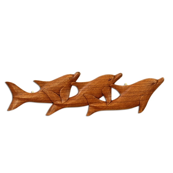G6 Collection 20" Wooden 3 Dolphins Wall Art Decor Plaque Hanging Sculpture Hand Carved Accent Fish Handcrafted Handmade Seaside Tropical Nautical Ocean Coastal Wood Home