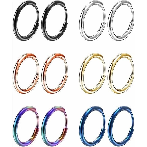 Xukmct 6 Pairs 8mm 316L Stainless Steel Hoop Earrings 14K Gold Plated Small Hoop Earrings for Men Women