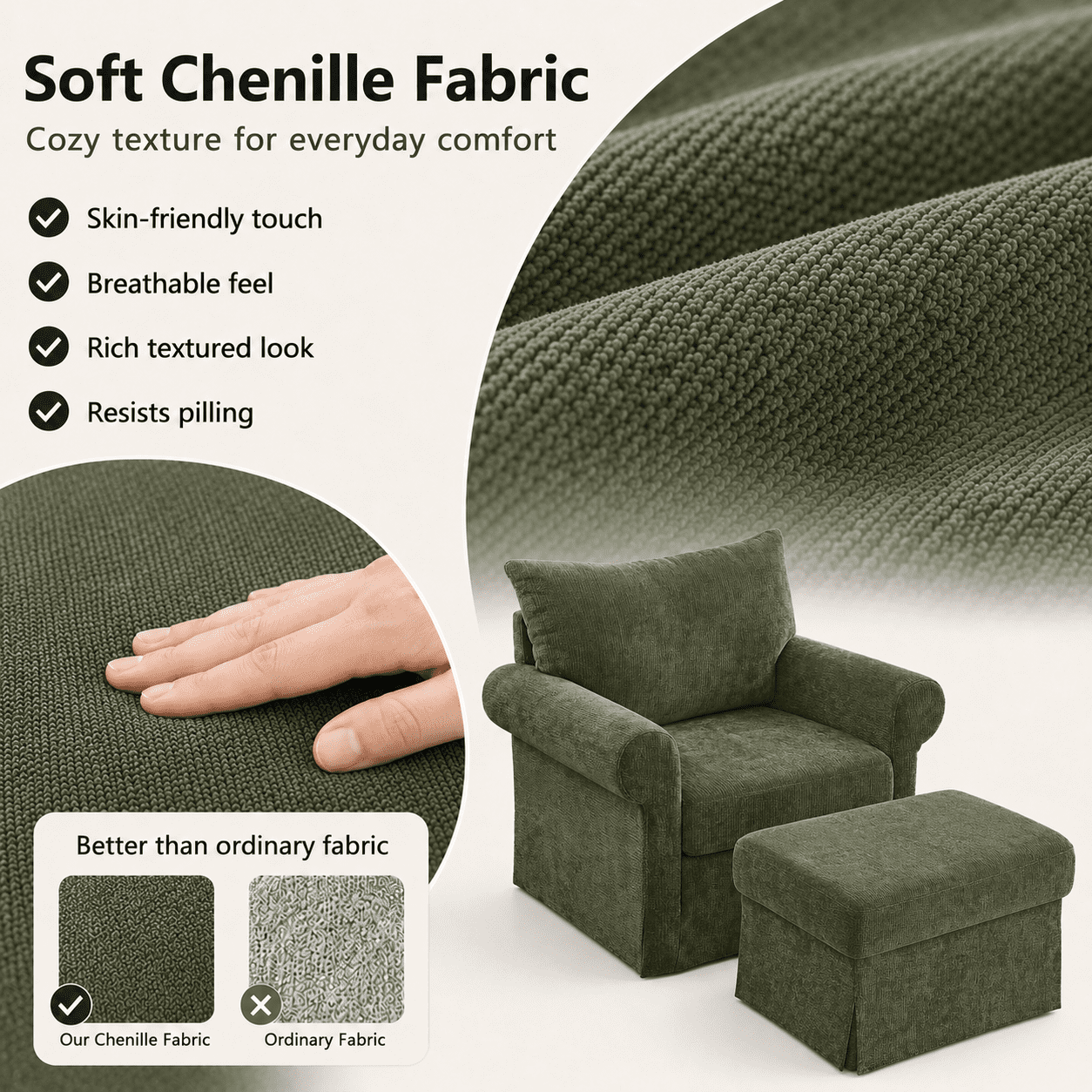 Aukfa 37.5" Oversized Chenille Accent Chair with Ottoman, Upholstered Armchair with Footrest for Living Room,Green