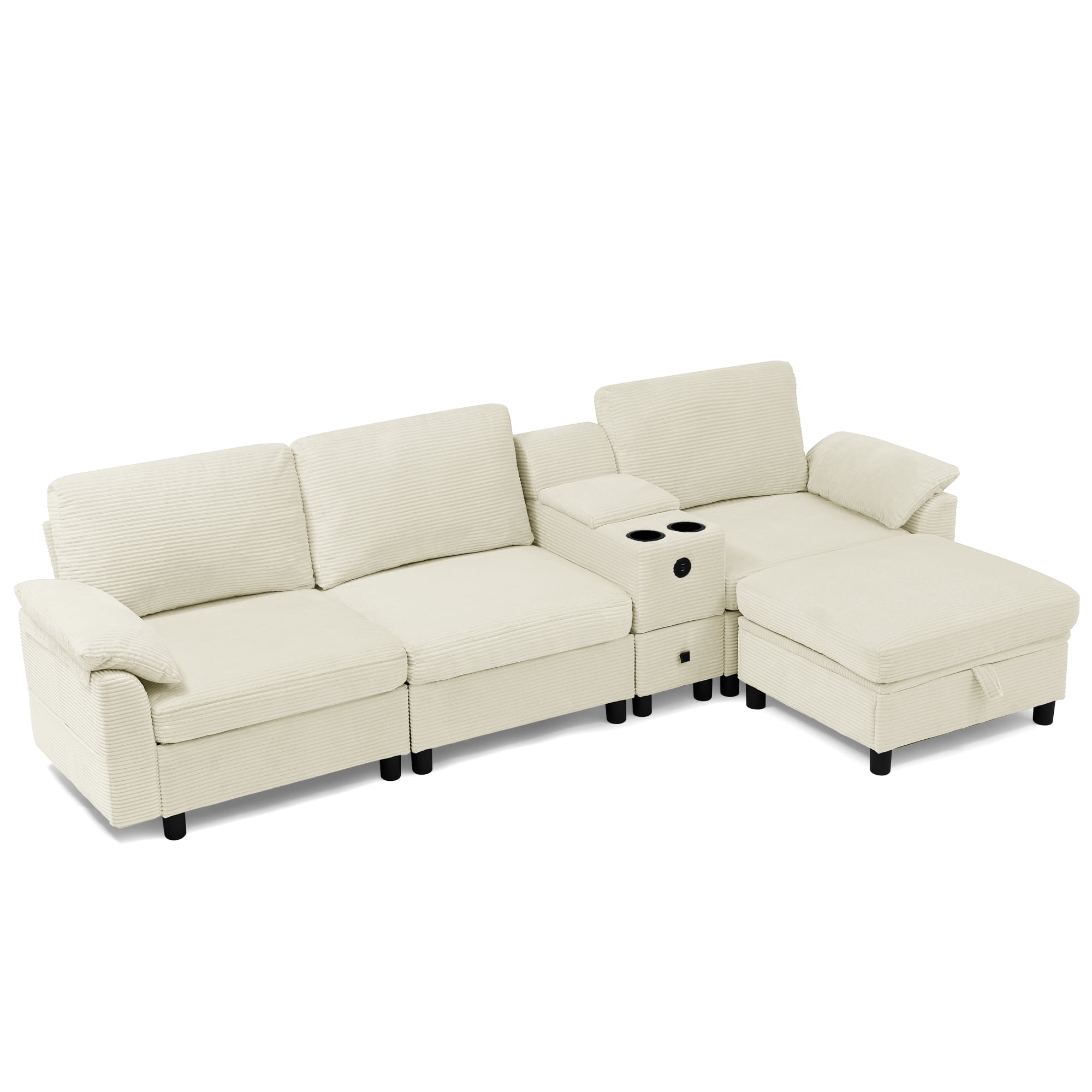 L-Shaped Sectional Sofa with Storage Ottoman and Side Storage Armrest Pockets, 3-Seater Sofa Couch with Beverage Cup Holder Central Console for Living Room Apartment