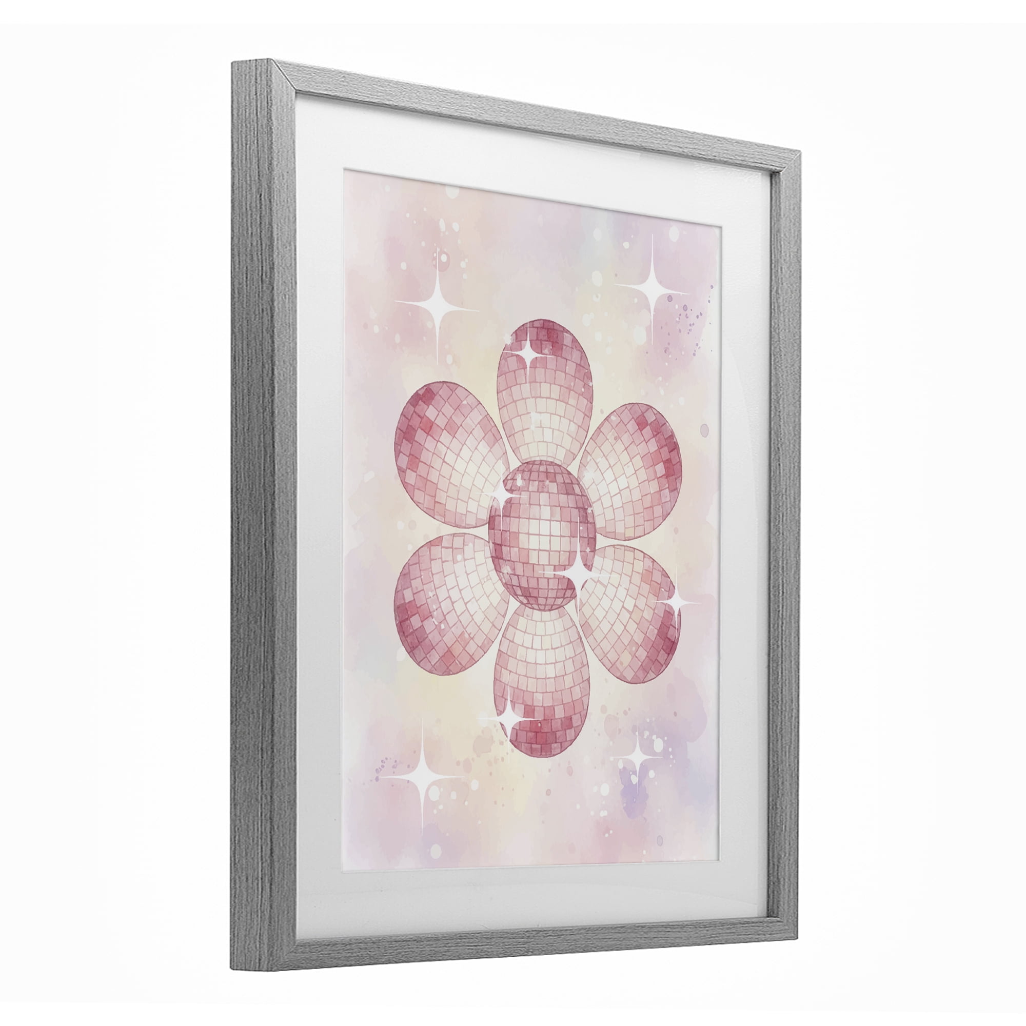 Stupell Industries Dreamy Pink Disco Ball Flower Gray Framed Print Under Glass, design by Lil' Rue