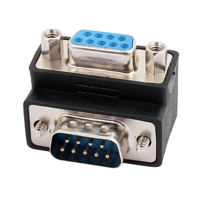 Adaptador de conector VGA HD15 de 9 pines macho a hembra M/F en ángulo de 90 grados color negro