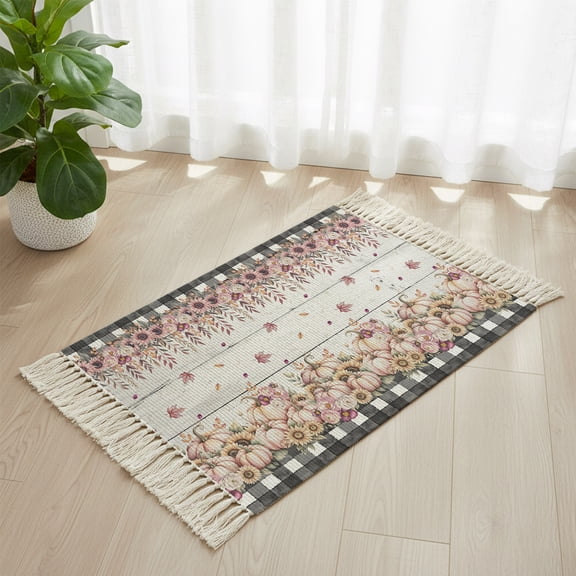 Fall Thanksgiving Pumpkin Floral Boho Hallway Runner Rug 2x3ft, Kitchen Runner Rug Tassel Rugs, Grey Wood Grain and Pink Area Rugs Floor Carpet for Living Room Bedroom Entryway