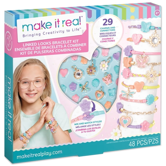 Make It Real: Linked Looks - 48pc DIY Bracelet Kit, Pastel Charms & Connectors, Mix & Match Styles, Cord Bracelet Jewelry Craft Set, Girls & Kids 6 