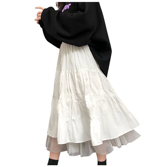 IROINNID Elastic Waist Long Skirts For Women High Waist White A-Line Skirt Mesh Skirt Solid Color Skirt