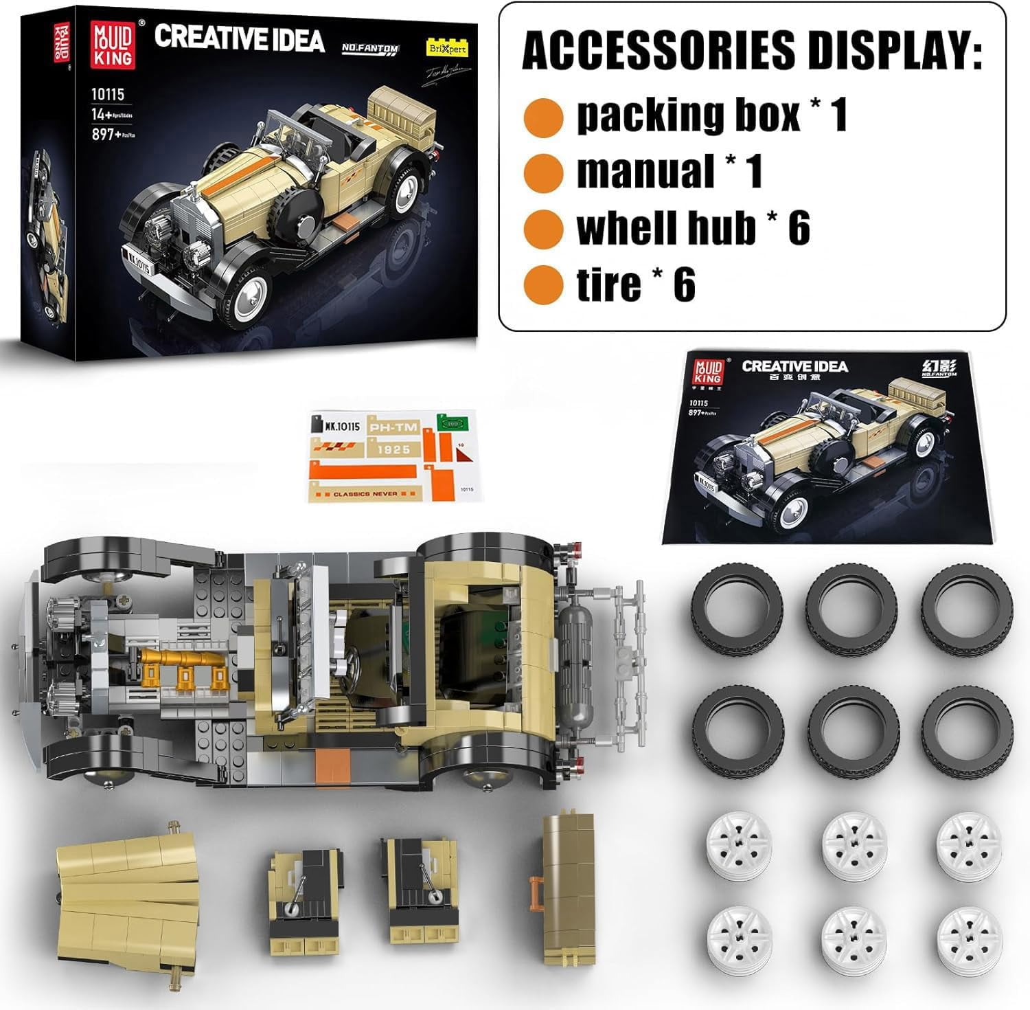 Classic Cars Building Kits, MOC Vintage Car Model Building Blocks Set, Gift for Age 14+/Adult Collections Enthusiasts(897+ Pieces, Static Version)