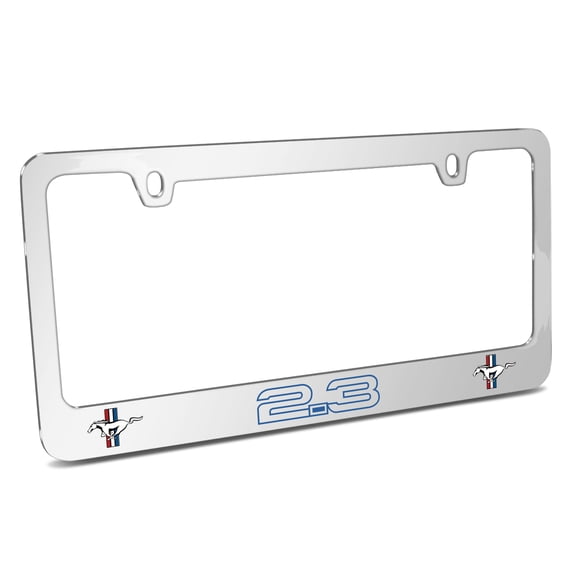 Ford Mustang 2.3L EcoBoost Outline in Blue Dual Logo Mirror Chrome Metal License Plate Frame