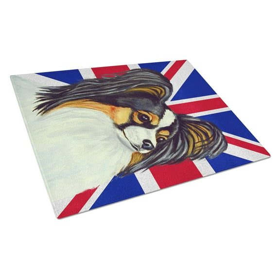 Caroline's Treasures Papillon with English Union Jack British Flag Glass Cutting Board Large Size
