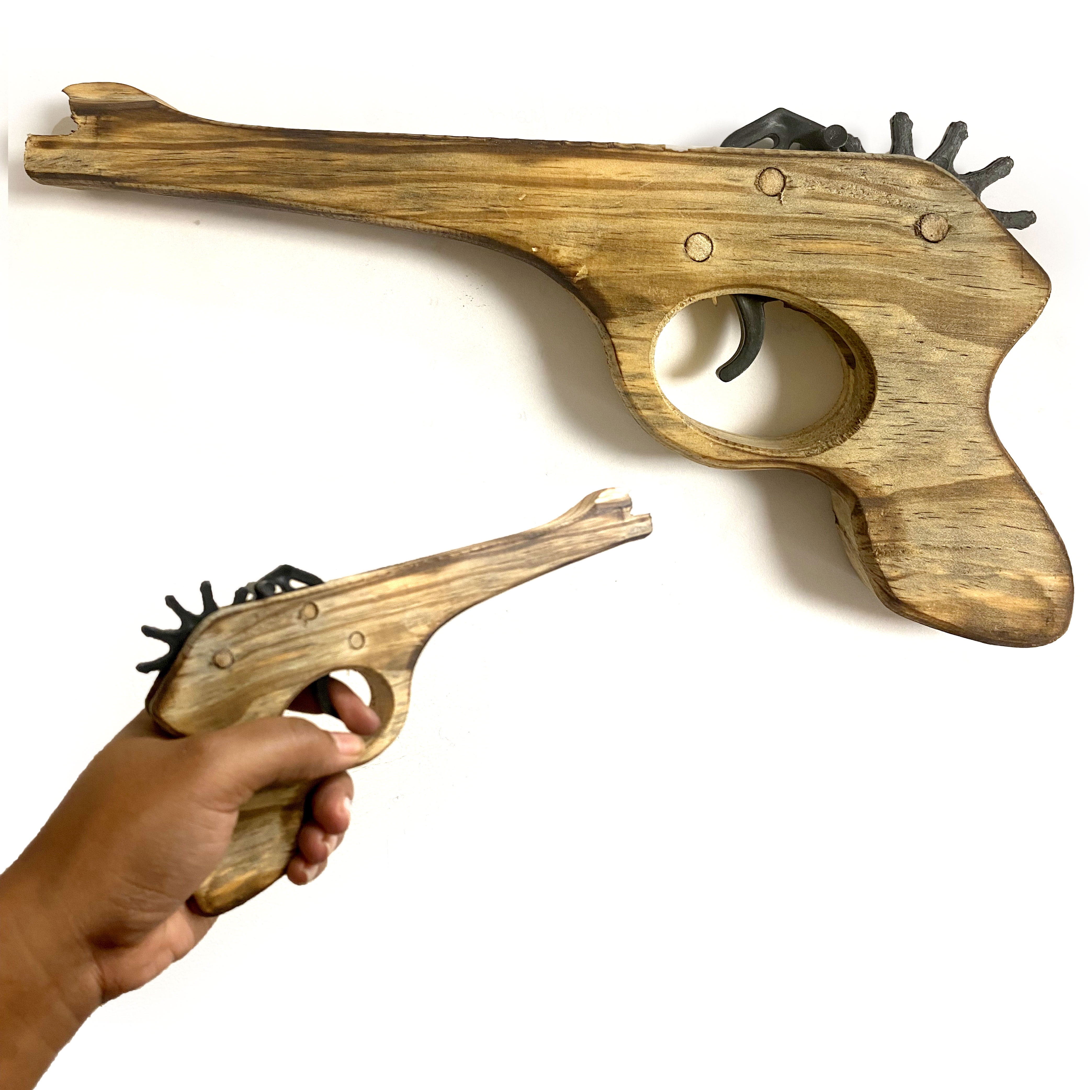 Wood Gun Rubber Band Wooden Pistol Toy Double Barrel Hand Shooting Launcher Gift 