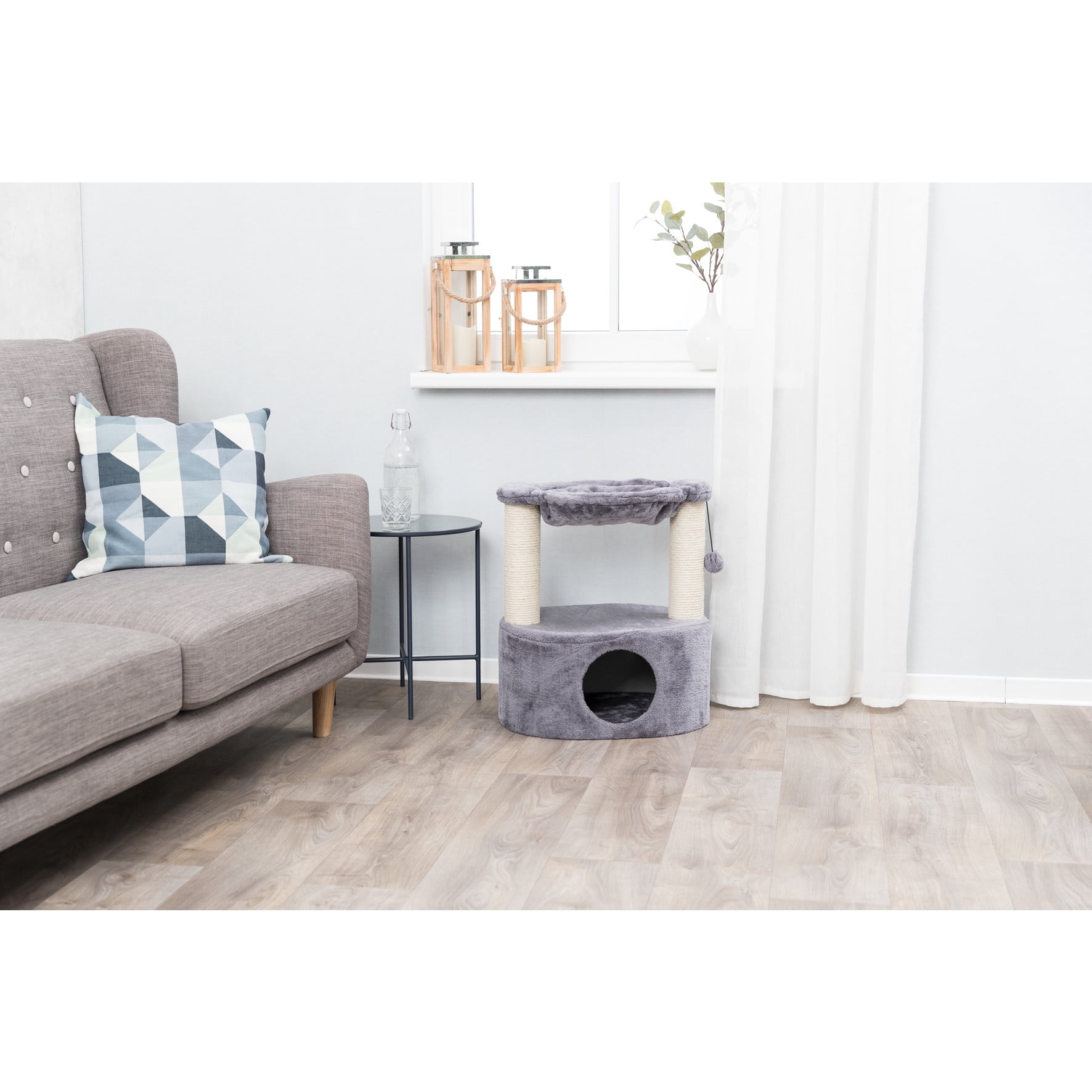 TRIXIE Baza Grande Plush & Sisal 24" Cat Tree, Cat Condo and Hammock, Cat Toy, Gray
