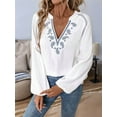 thumbnail image 5 of Women'S Boho Tops Long Sleeve V Neck Embroidery Blouse Linen Shirt White L, 5 of 7