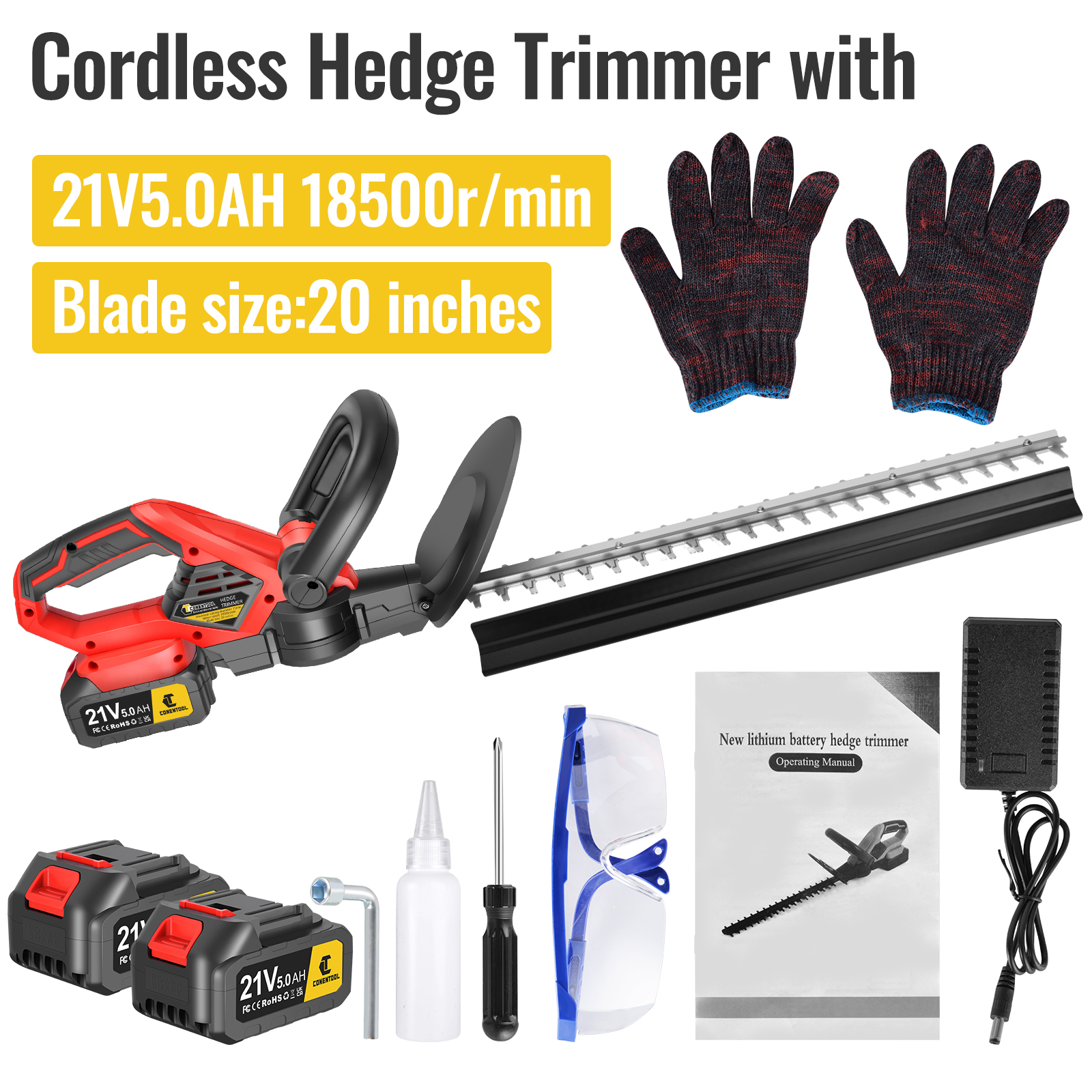 CONENTOOL 21V Cordless Pole Hedge Trimmer, 5.0Ah Battery and Charger