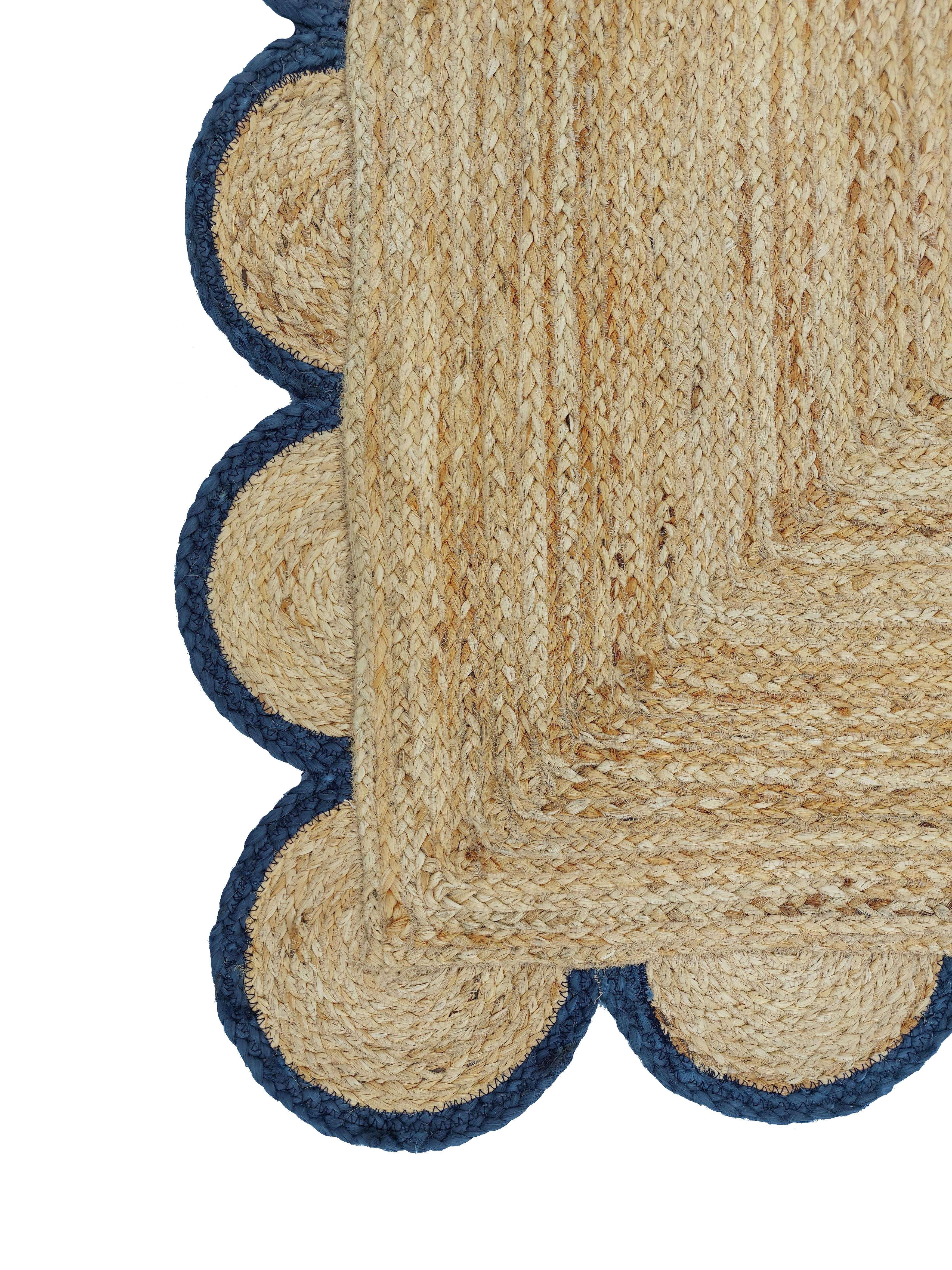 Jute Area Rug For Home And Living Room Décor Rectangular Scalloped Natural Jute Carpet Area Rug Navy 9' x 12' BY KALVEERA