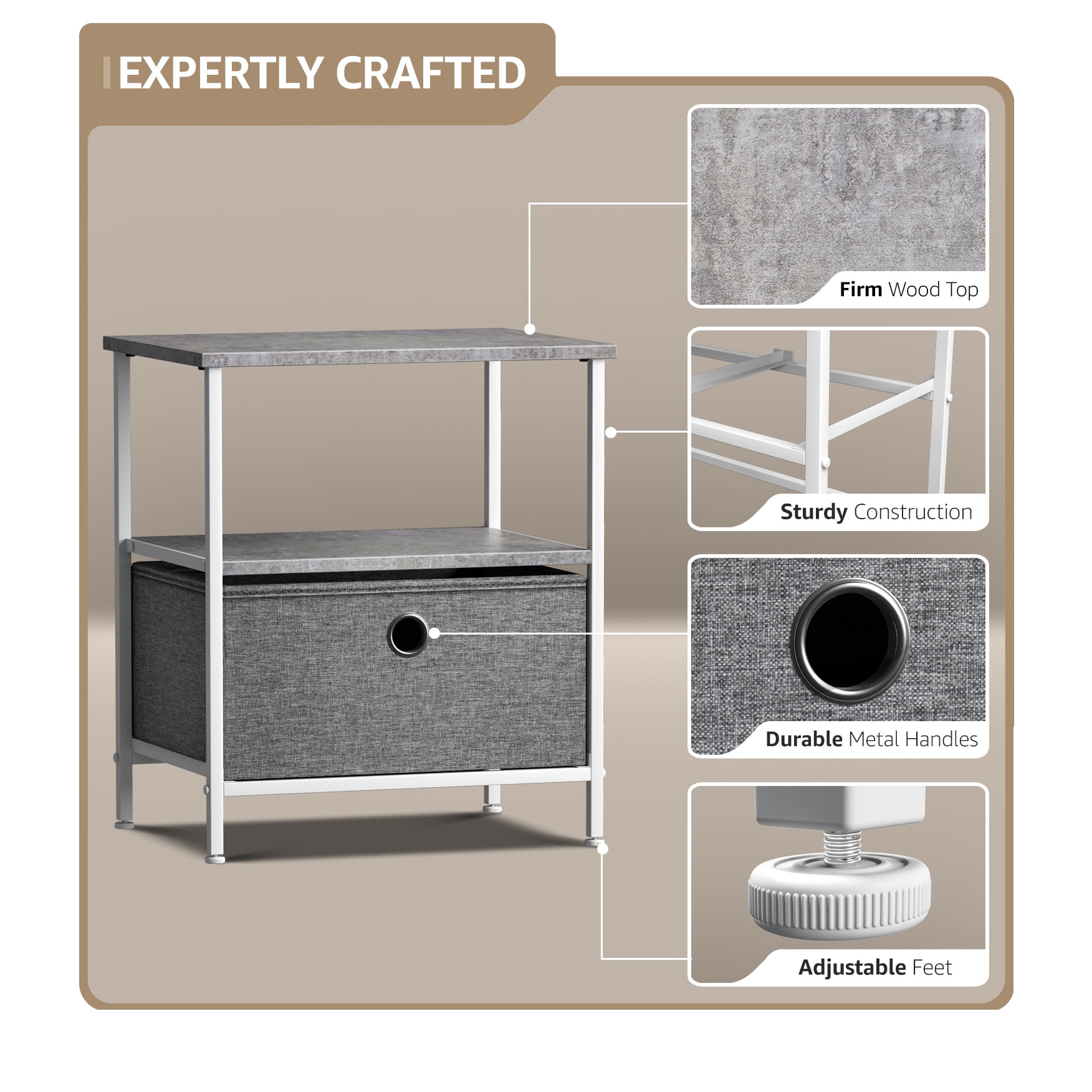 Sorbus 1-Drawer Nightstand with Fabric Drawer, Steel Frame and Open Shelf, Gray